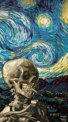 a skeleton sitting in front of a painting with the starry sky behind it,