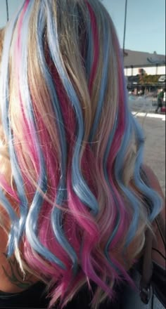 Pastel Streaks In Blonde Hair, Monster High Hair Color, Pink Hair With Blue Highlights, Pink And Blue Hair Highlights, Blue Hair With Pink Highlights, Pastel Highlights In Blonde Hair, Monster High Hair Dye