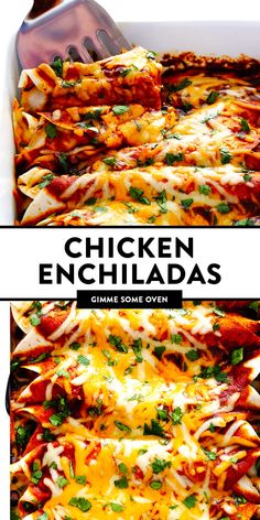 chicken enchiladas in a white casserole dish