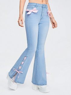 Kawaii Jeans, Romwe Kawaii, Bow Jeans, Adrette Outfits, Pink Core, Group Outfits, Cute Preppy Outfits