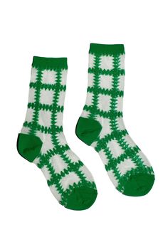 Part of the Made in Japan series, these sweet green squares socks have a super high needle count and a hand-closed toe for extra comfort. Fabric is nylon. Trendy Fitted Green Socks, Strawberry Socks, Crochet Squares, Custom Items, Sale Design, Fascinator, Made In Japan, Get It, Socks