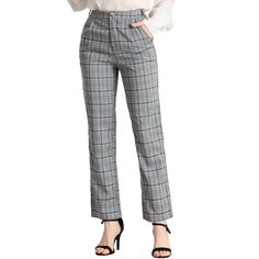 These pants are essential for dressing up or down. Lightweight fabric, covered in a plaid pattern, shapes these trendy trousers with a high-rise fit. How it is a bit high waist and how it gathers at the waist adding shape to the body. You may love everything about these trousers, from their regular fit to the elastic high-waist, which could double as a hiding mechanism for women with love handles. Style these trousers with a crop top and heels for the ultimate look. This fashionable and trendy c High Waist Bottoms For Office In Fall, Trendy Plaid Bottoms For Winter, Trendy Plaid Winter Bottoms, Office Lady Pants For Fall, Fall Office Lady Pants For Office Wear, Fall Office Wear Pants, Fall Office Lady Pants, Plaid Ankle-length Pants With Pockets, Plaid Bottoms With Pockets For Business Casual