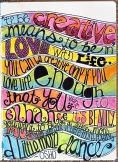 an art print with the words creative and love in different colors, on a white background