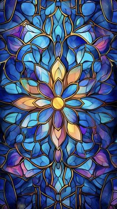 a stained glass window with blue and pink flowers