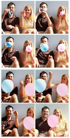 a man and woman sitting next to each other with balloons in front of their mouths