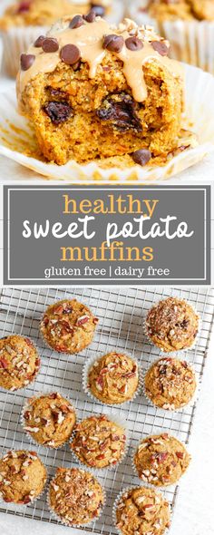 healthy sweet potato muffins with chocolate chips on top and the title overlay reads, healthy sweet potato muffins