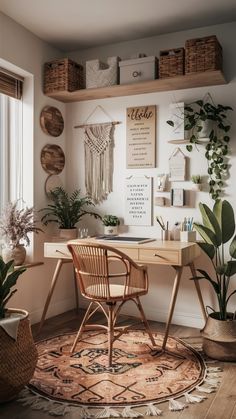 a home office with wooden shelves and plants on the wall, along with a round rug