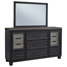 a black dresser with drawers and a mirror