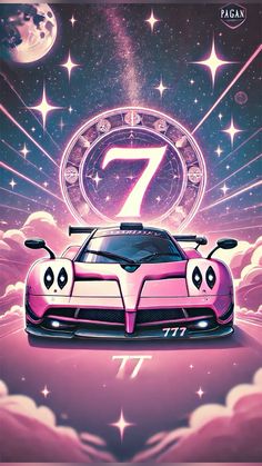 a pink sports car with the number seven on it in front of stars and clouds