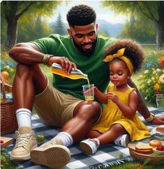 a painting of a father and daughter sitting on a picnic blanket in the park with food