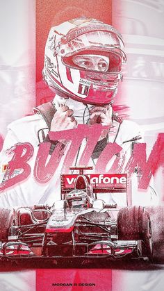 a red and white photo of a man in a racing car with the words burn on it