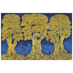 three trees with yellow leaves and blue background