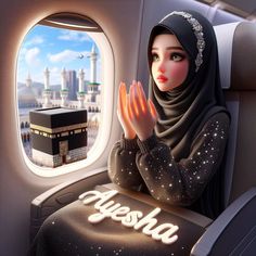 a woman wearing a hijab sitting in an airplane with the window open and praying