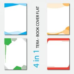 four business cards with different colors and shapes