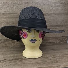 New With Tags Size Medium / Large 57 Cm Black Straw Cowboy Hat With Black Silk Like Ribbon Tied In The Back With A Bow Last One ! Casual Gray Brimmed Sun Hat, Adjustable Casual Straw Hat One Size, Adjustable Casual Straw Hat, Casual Wide Brim Gray Sun Hat, Casual Gray Wide Brim Sun Hat, Black Summer Hat, One Size, Casual Black Fedora For Kentucky Derby, Gray Beach Hat For Spring, Black Casual Fedora For Summer