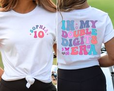 two pictures of the same woman's t - shirt