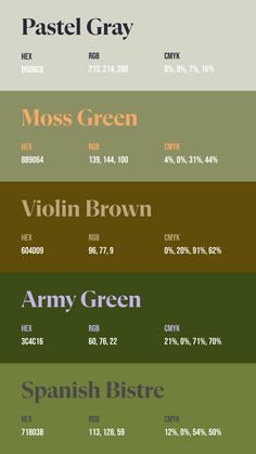 an image of the color scheme for different font styles and colors, including brown, green, blue, yellow