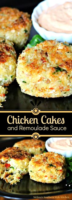 chicken cakes and remoulade sauce on a black plate with two bowls in the background