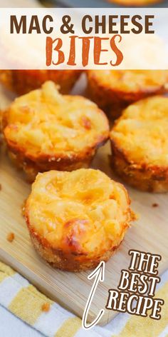 mini mac and cheese bites on a cutting board with the title text overlaying