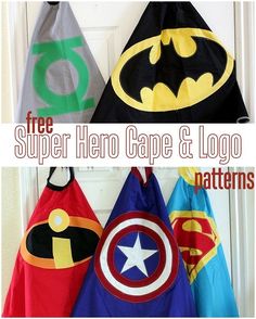 three superhero capes are hanging on the door