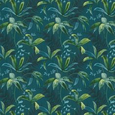 a green and blue wallpaper with leaves on it