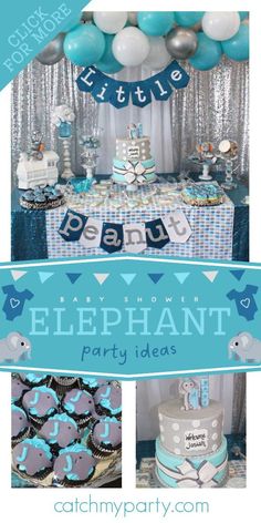 an elephant themed baby shower party with blue and white decorations