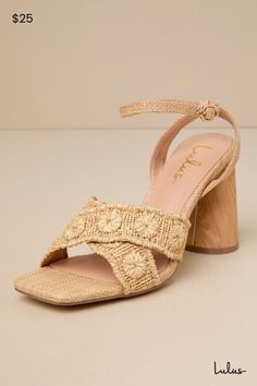 Easily elevate all your favorite warm weather looks with the Lulus Chaya Natural Raffia Ankle Strap High Heel Sandals! These summery heels have a woven raffia construction that shapes a trendy square footbed and crisscrossing toe straps adorned with woven floral-inspired details. Matching straps sprout from the sides to wrap and secure around the ankle with a dainty gold buckle. A sculpted, wood-look block heel lends a unique finish to this chic design! 3. 75" sculpted wood-look heel. Cushioned Beach Heels With Padded Heel And Ankle Strap, Beige Ankle Strap Block Heels For Summer, High Heel Sandals With Wooden Heel For Vacation, Summer Closed Toe Block Heels With Wrapped Heel, High Heel Wooden Heels For Vacation, Vacation High Heels With Wooden Heel, Ankle Strap Heels With Padded Heel For Vacation, Spring Beige Ankle Strap Block Heels, Padded Heel Ankle Strap Heels For Vacation