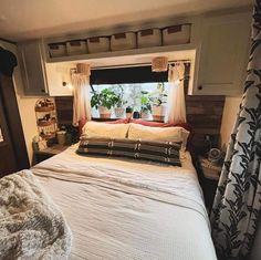 a bed in a small room with plants on the window sill and curtains around it