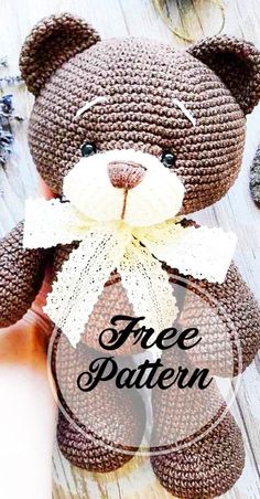 a crocheted teddy bear sitting on top of a wooden floor with the words free pattern below it