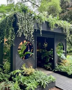 a garden shed with lots of plants growing out of it's sides and doors