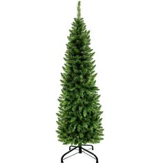 a tall green christmas tree on a stand