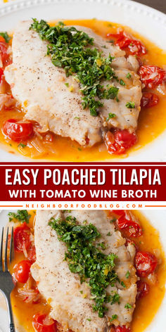 This Easy Poached Tilapia with Tomato Wine Broth makes the best summer main dish! This tilapia recipe is tender and flaky. Add this to your easy Spring recipes! Tilapia In Tomato Sauce, Tilapia And Mushroom Recipes, Poached Tilapia, Tilapia Stew, Tilapia With Roasted Tomatoes, Tilapia With Mushrooms Recipe, Tilapia Dishes, Easy Spring Recipes, Tilapia Recipe