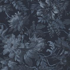 a black and blue floral wallpaper with leaves