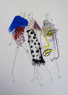 three drawings of people with different colored hair and body shapes, one is wearing a dress