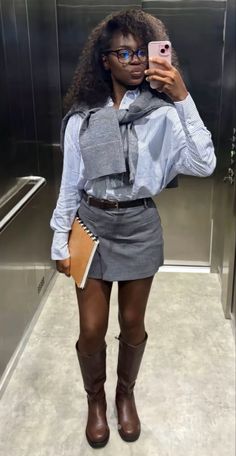 Preppy Trench Coat Outfit, Blazer Long Skirt Outfit, Black Skirt Business Casual, Classy Outfits For College, Autumn Outfit Black Women, Black Women Outfits Classy, Brunch Winter Outfit Black Woman, Michael Kors Boots Outfit, Gray Outfits For Black Women