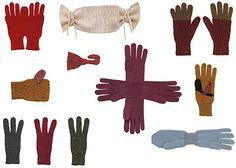 several pairs of gloves and mittens are shown in this image, including one with a bow