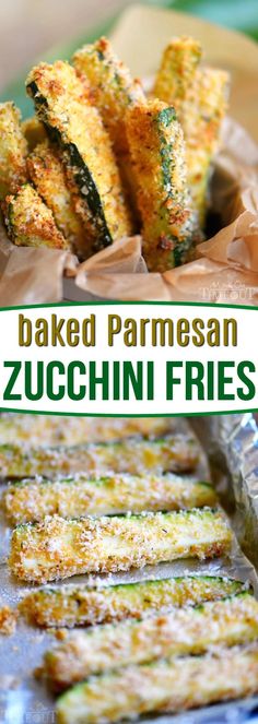 baked parmesan zucchini fries on a baking sheet with text overlay