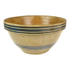 a blue and yellow striped bowl on a white background