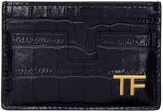 Croc-embossed calfskin card holder in navy. · Gold-tone logo hardware at face · Four card slots · One note slot · H2.75 x W4 Supplier color: Navy Tom Ford Bag, One Note, Woman Card, Navy Gold, Free Bag, Tom Ford, Bags Women, Card Slots, Calf Skin