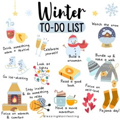 the winter to do list is shown in this hand drawn style, with illustrations on it