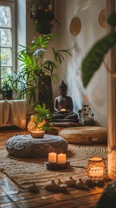 Zen Home Decor Ideas, Meditation Area Ideas, Buddha Decor Living Room, Morning Meditation Aesthetic, Home Zen Room, Zen Corner Ideas, Massage Room Aesthetic, Spiritual Room Meditation Space, Yoga Room Ideas Home