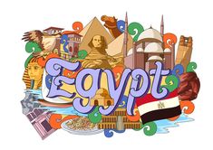 the word egypt surrounded by symbols and landmarks