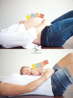 a pregnant woman laying on the floor with blocks spelling out her name and holding onto her belly