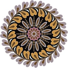 an abstract circular design in brown, yellow and pink