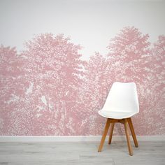 Deciduous Pink - Baby Pink Panoramic Etched Trees Scene Wallpaper Mural with White Chair Seaside Wallpaper, Kids Bedroom Wallpaper, Marble Effect Wallpaper, Wallpaper Walls Bedroom, Wallpaper Wall, Turquoise Wallpaper, Tropical Art Deco, Nursery Wall Murals, Tree Wall Murals