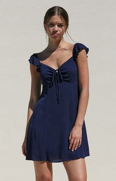 Homecoming Dresses Babydoll, Modest Short Dress, First Day Of School Dress, Mamma Mia Hoco Dress, Dark Blue Dress Casual, Midnight Blue Dresses, Dark Blue Sundress, Casual Cute Dresses, Bodycon Mini Dress Casual