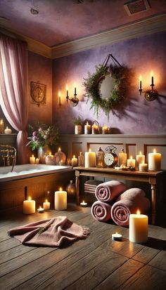 candles and towels are on the floor in front of a bathtub with wreaths