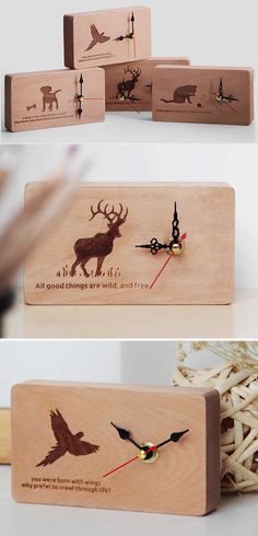 wooden business cards with animals and birds on them are shown in three different positions, one is laser cut