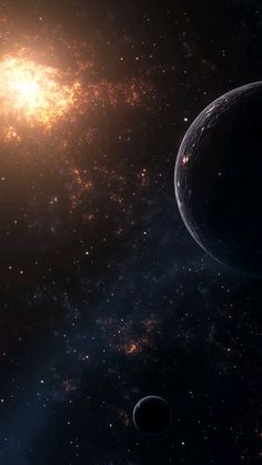 an artist's rendering of two planets in the outer space, with bright lights shining on them