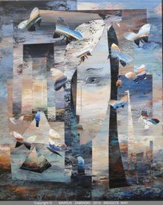 an abstract painting with birds flying in the sky